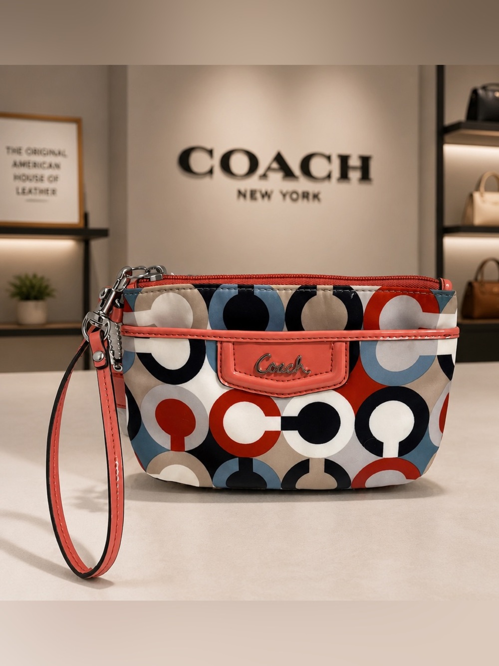 Coach coral Ashley Op Art Scarf Wristlet Multicolor Coral Patent Leather